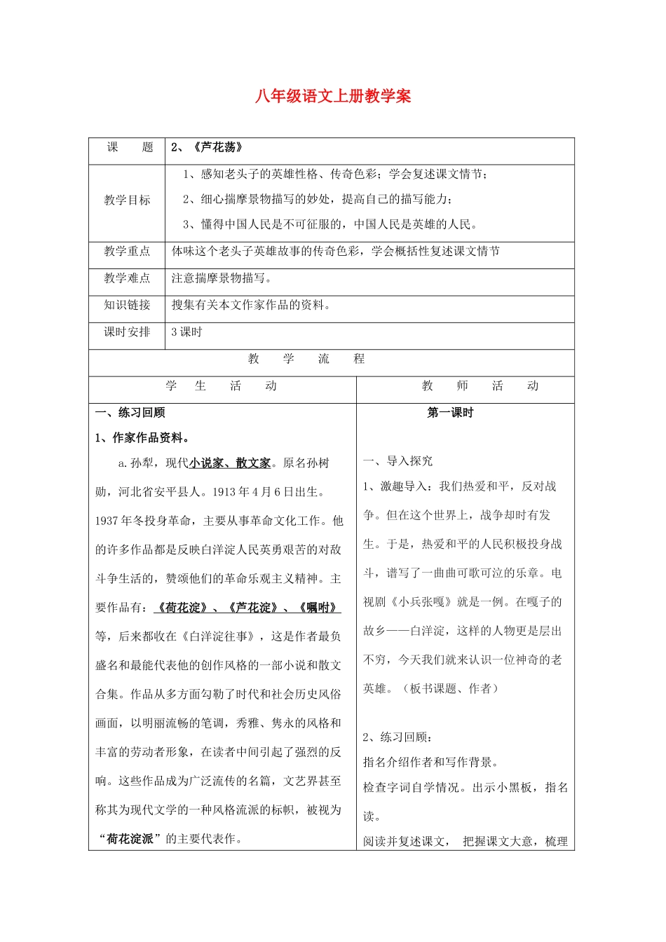 八年级语文上册 《芦花荡》学案 人教版新课标版_第1页