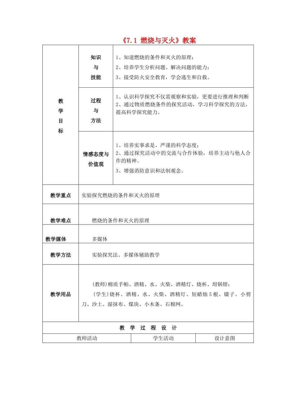 河南省南乐县实验高级中学九年级化学上册《7.1 燃烧与灭火》教案 新人教版_第1页
