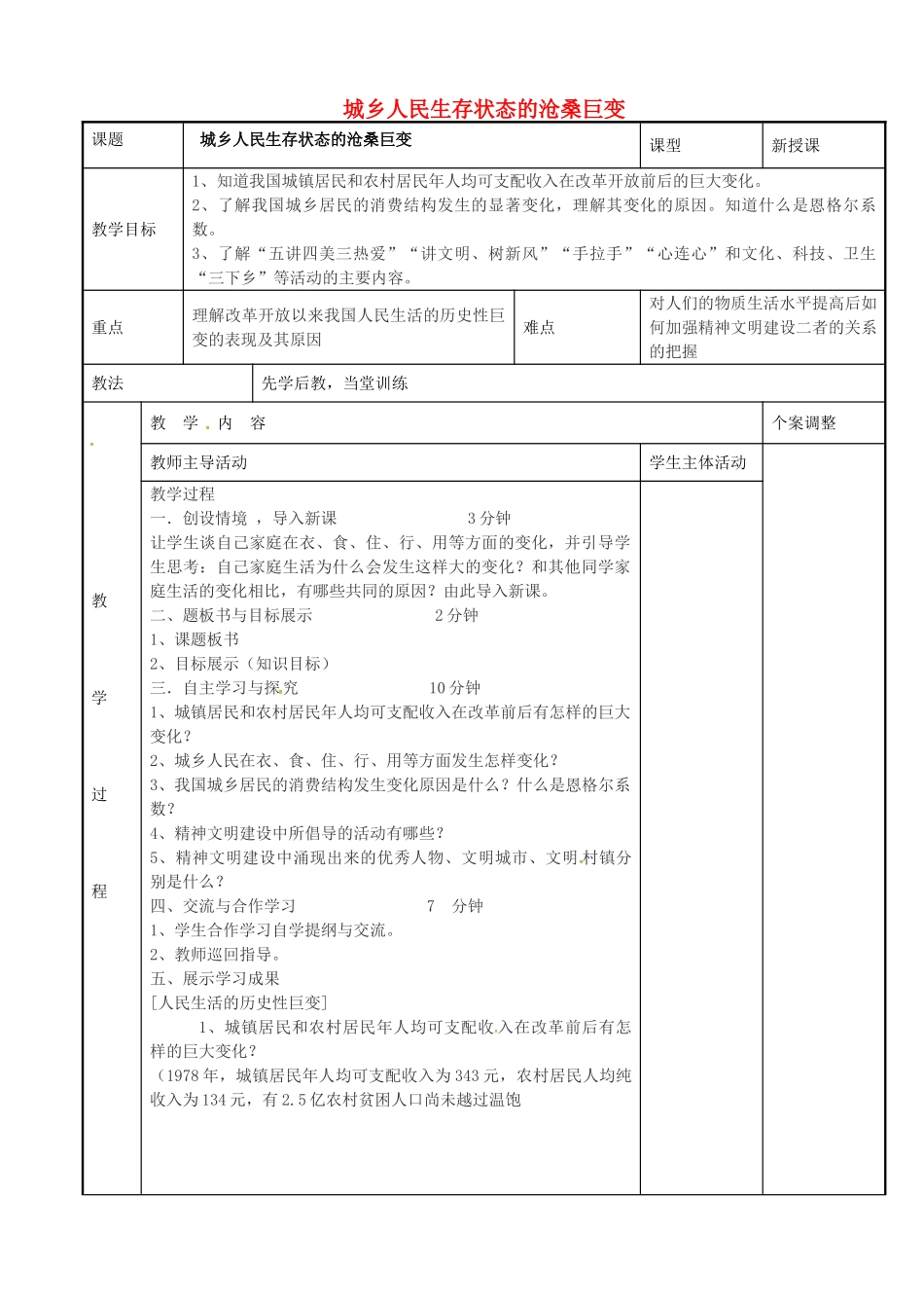 八年级历史下册 7.1 城乡人民生存状态的沧桑巨变教案 川教版-川教版初中八年级下册历史教案_第1页