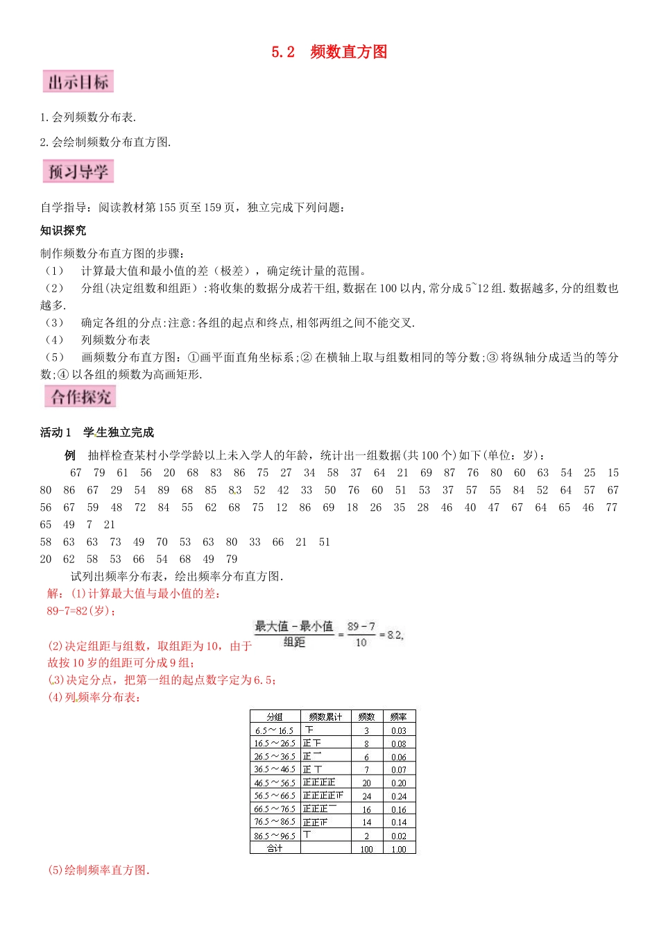 八年级数学下册 5.2 频数直方图导学案 （新版）湘教版-（新版）湘教版初中八年级下册数学学案_第1页