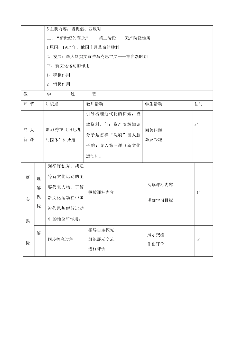 八年级历史上册《第9课 新文化运动》教案 新人教版_第2页