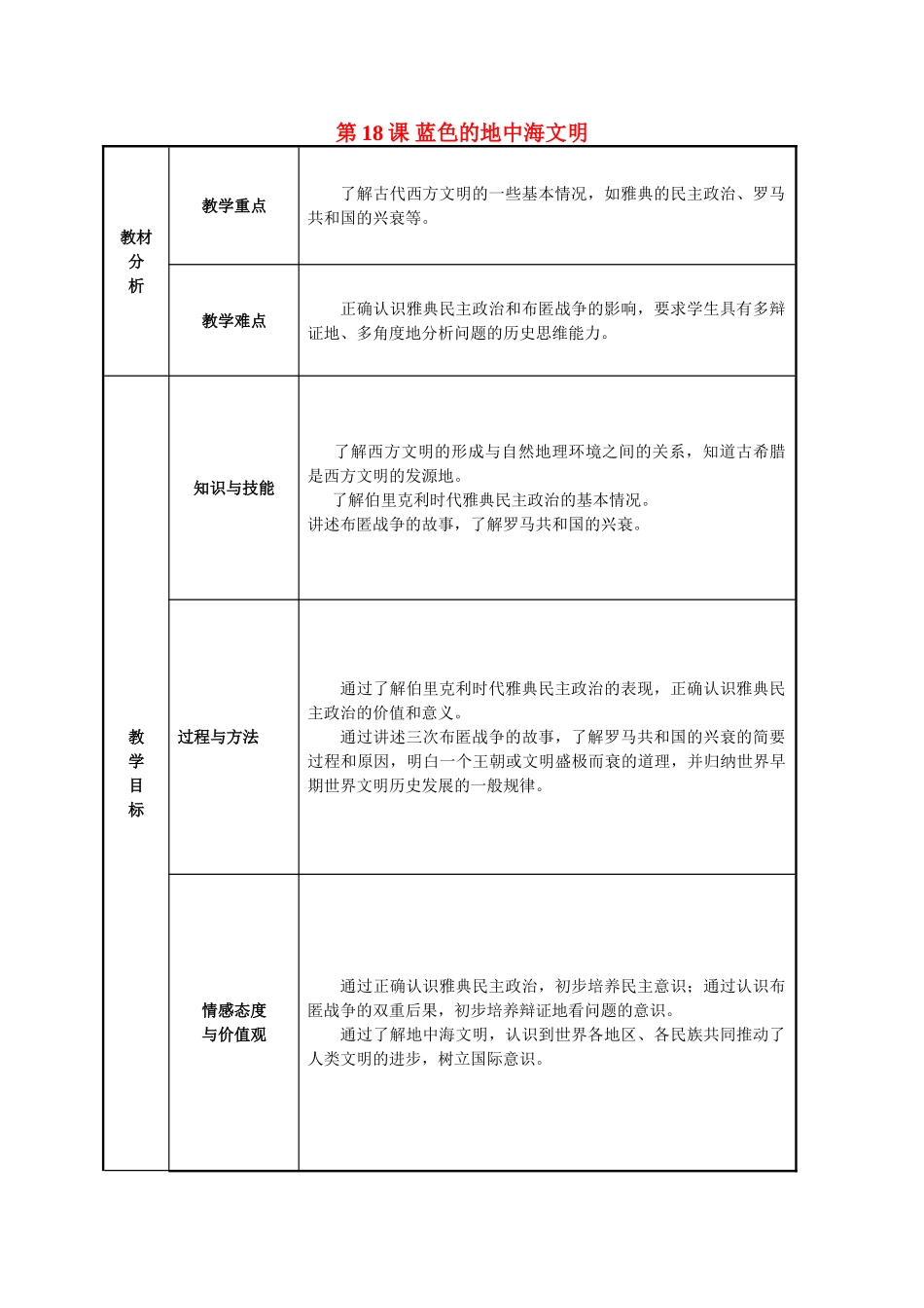 八年级历史下册 第18课 蓝色的地中海文明教案 北师大版-北师大版初中八年级下册历史教案_第1页