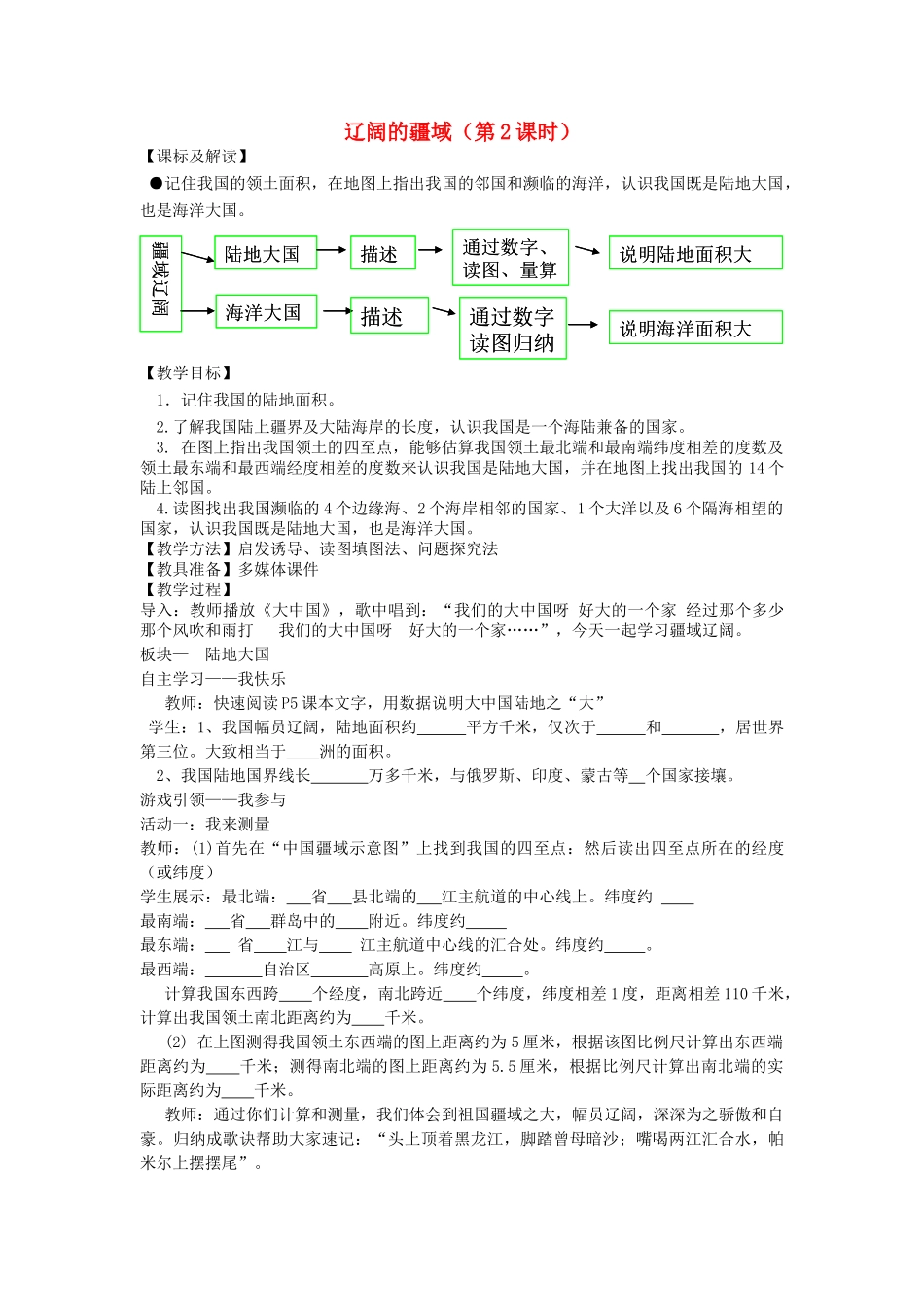 八年级地理上册 1.1 辽阔的疆域（第2课时）教案 （新版）商务星球版_第1页