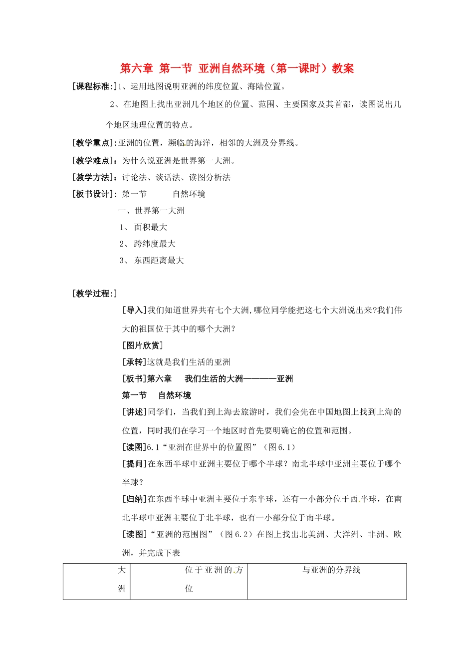 江苏省南京市金陵中学河西分校七年级地理下册 第六章 第一节 亚洲自然环境（第一课时）教案 新人教版_第1页