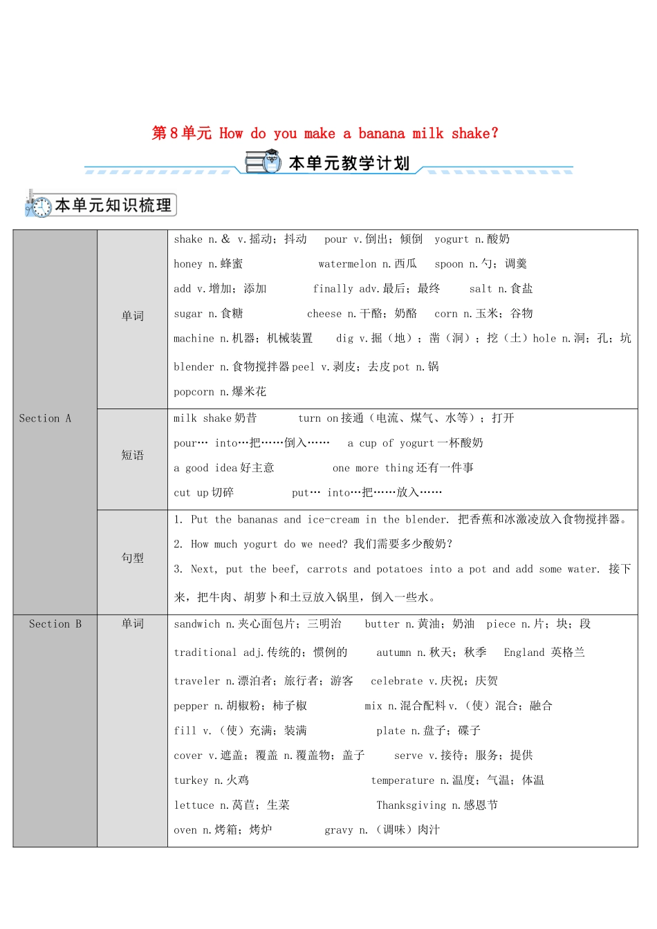 八年级英语上册 Unit 8 How do you make a banana milk shake Section A 第1课时导学案 （新版）人教新目标版-（新版）人教新目标版初中八年级上册英语学案_第1页