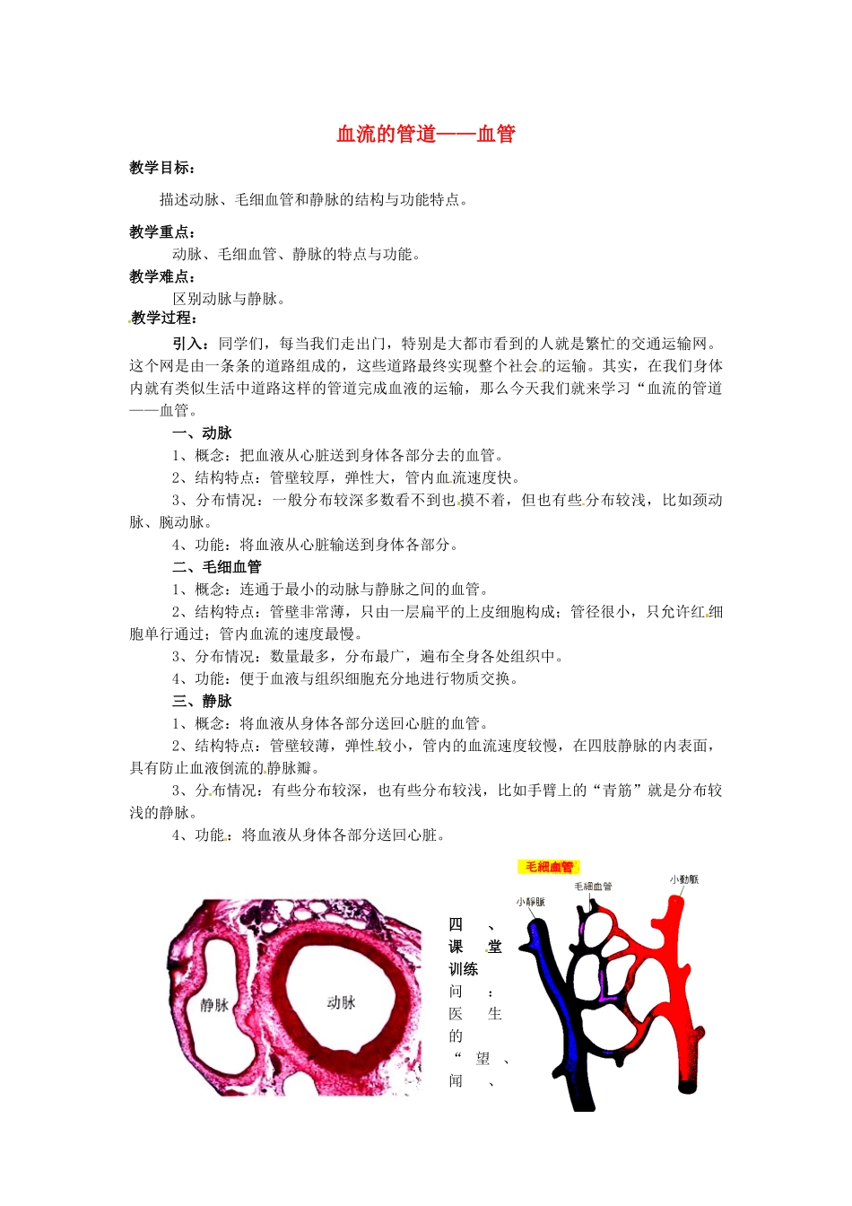 湖南省安仁县宜溪学校七年级生物上册《血流的管道——血管》教学案 新人教版_第1页