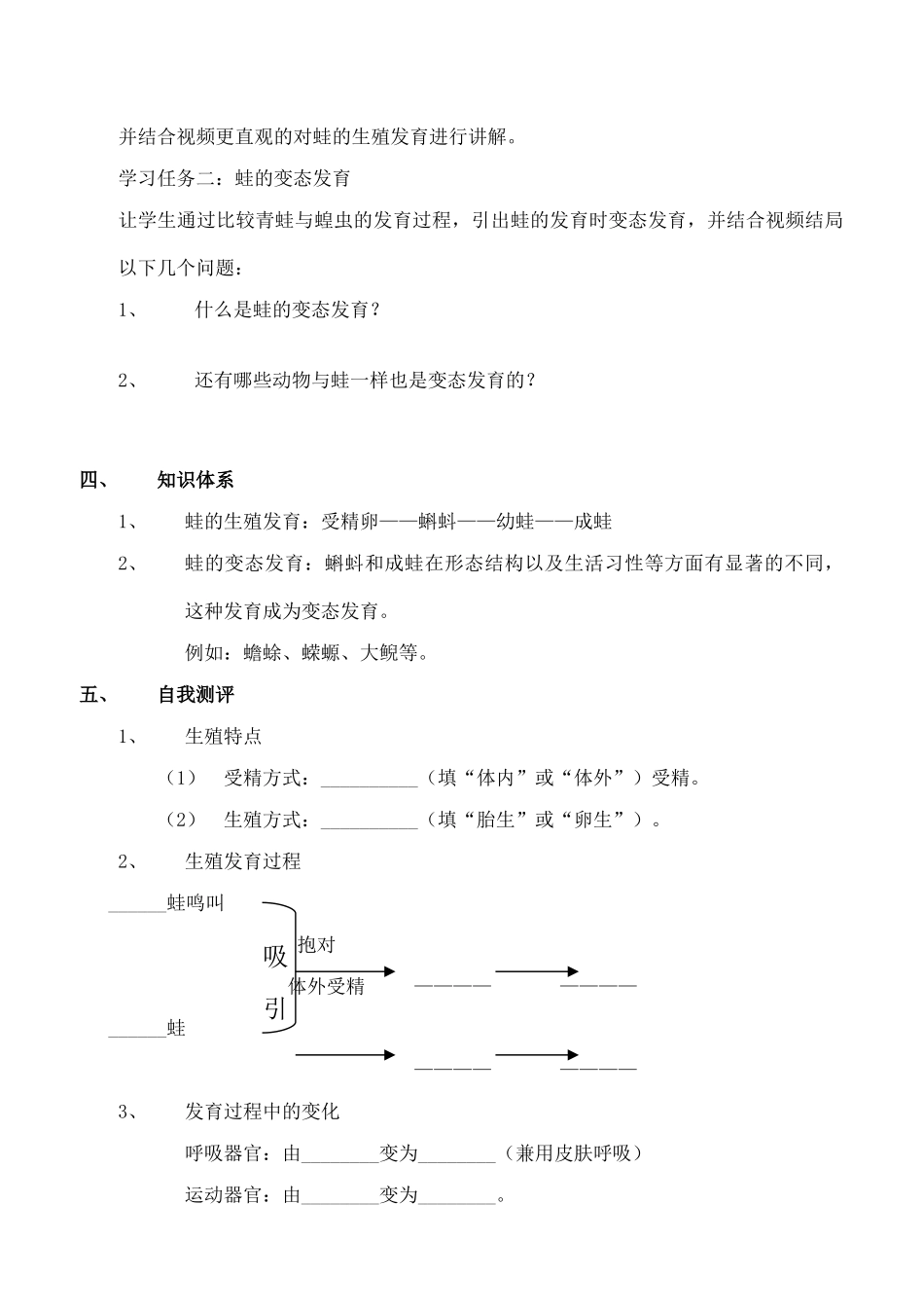 八年级生物上册 第14章第四节两栖类的生殖与发育学案(1)（无答案）  上教版_第2页