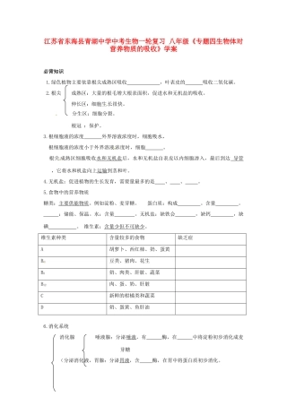 江苏省东海县青湖中学中考生物一轮复习 八年级《专题四生物体对营养物质的吸收》学案