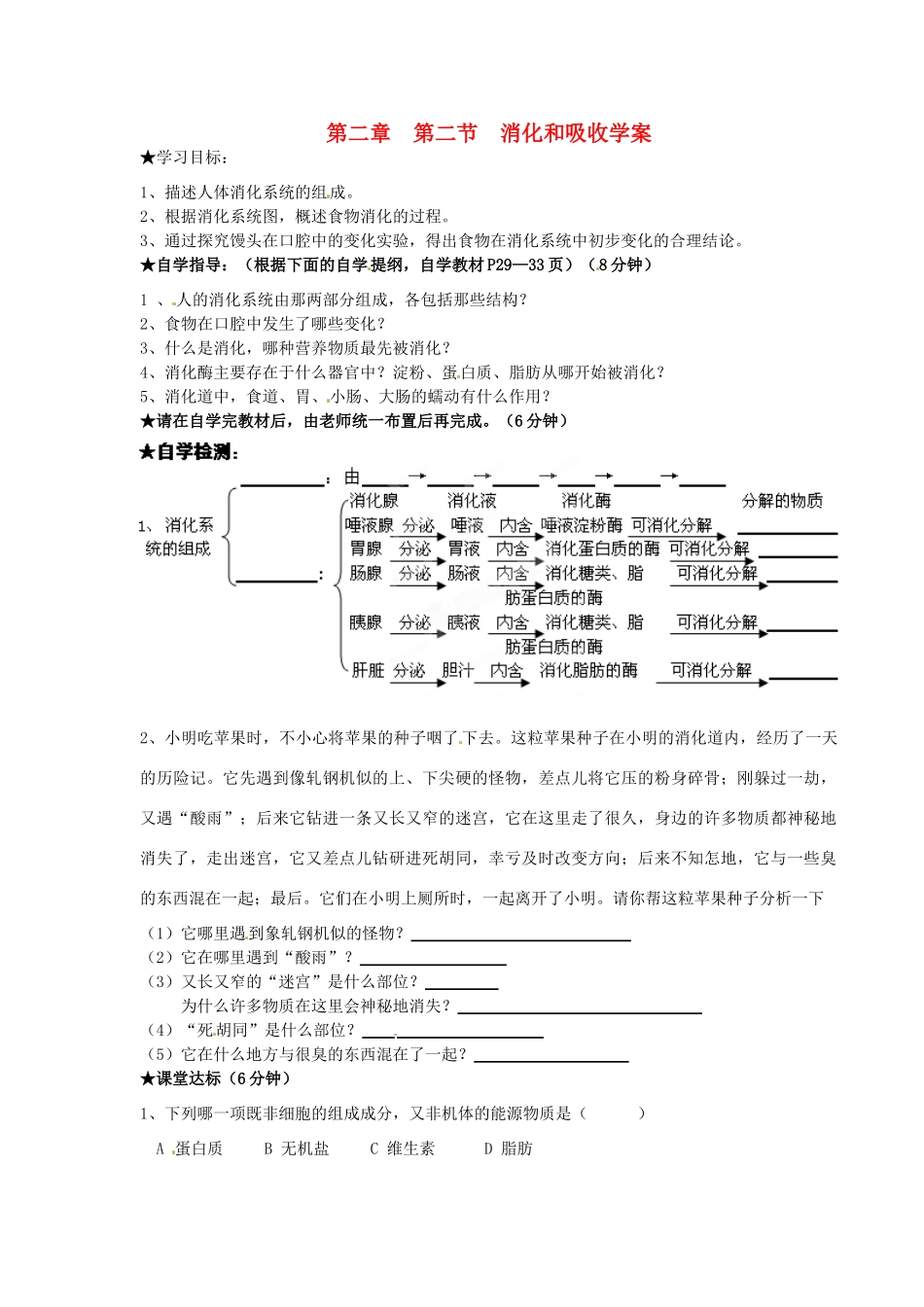 湖南省茶陵县世纪星实验学校七年级生物《第二章第二节消化和吸收》学案》教案 人教新课标版_第1页