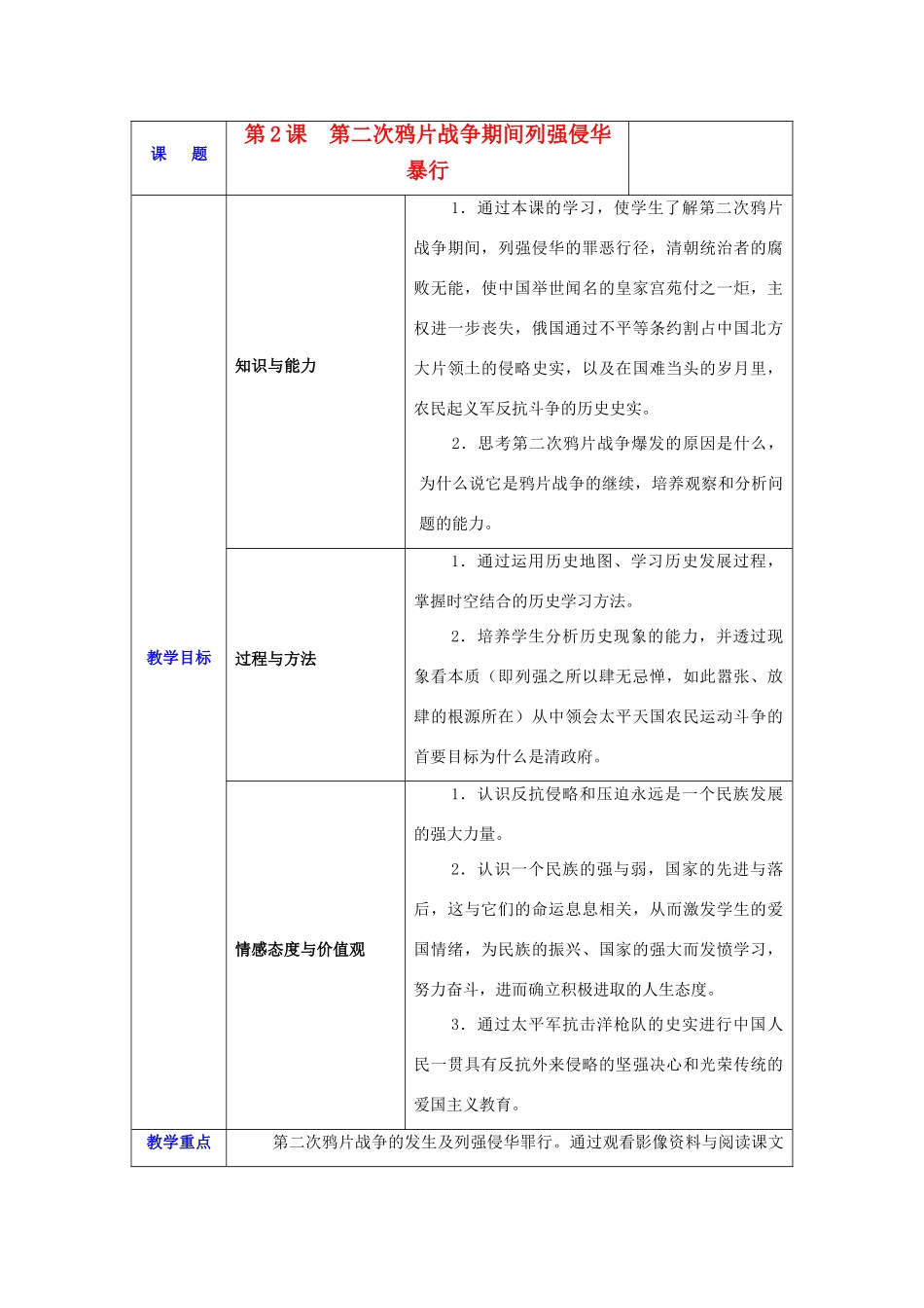 八年级历史上册 第2课第二次鸦片战争期间列强侵华暴行教案人教版_第1页