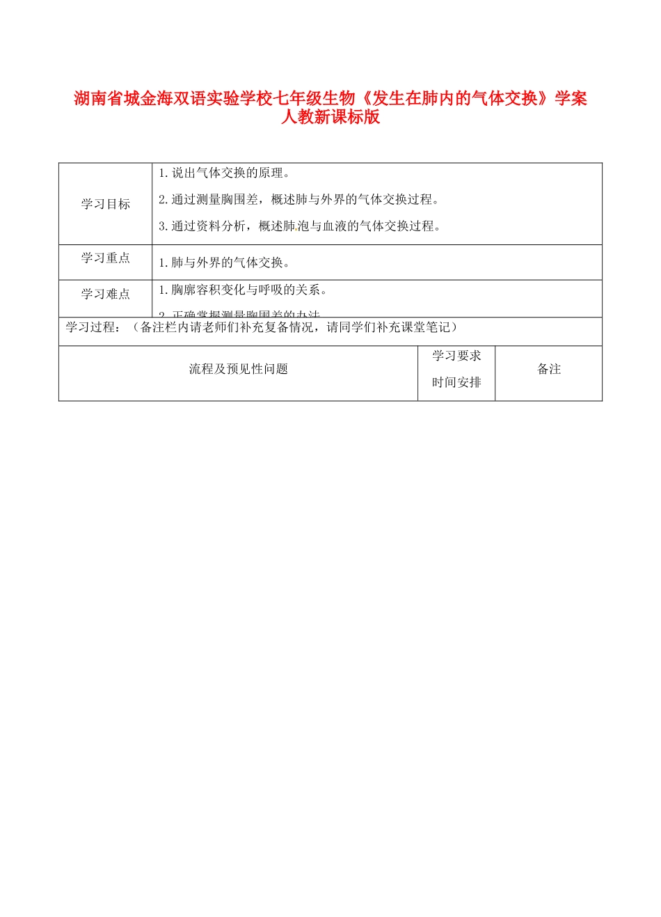 湖南省城金海双语实验学校七年级生物《发生在肺内的气体交换》学案 人教新课标版_第1页