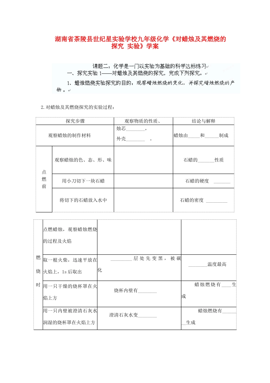 湖南省茶陵县世纪星实验学校九年级化学《对蜡烛及其燃烧的探究 实验》学案（无答案）_第1页