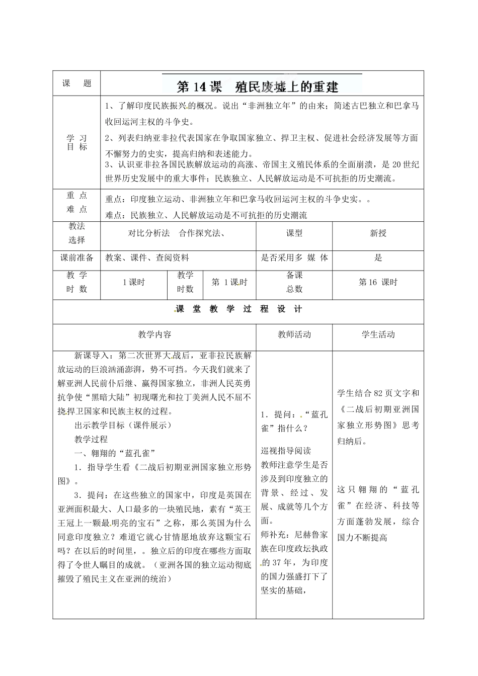 甘肃省酒泉市瓜州二中九年级历史下册《第14课 殖民废墟上的重建》教学案 北师大版_第2页