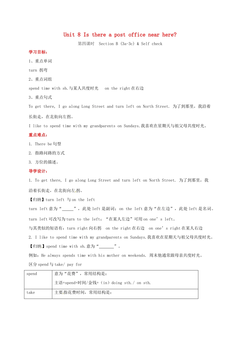 贵州省习水县七年级英语下册 Unit 8 Is there a post office near here Section B（3a-3b） Self Check导学案 （新版）人教新目标版-（新版）人教新目标版初中七年级下册英语学案_第1页
