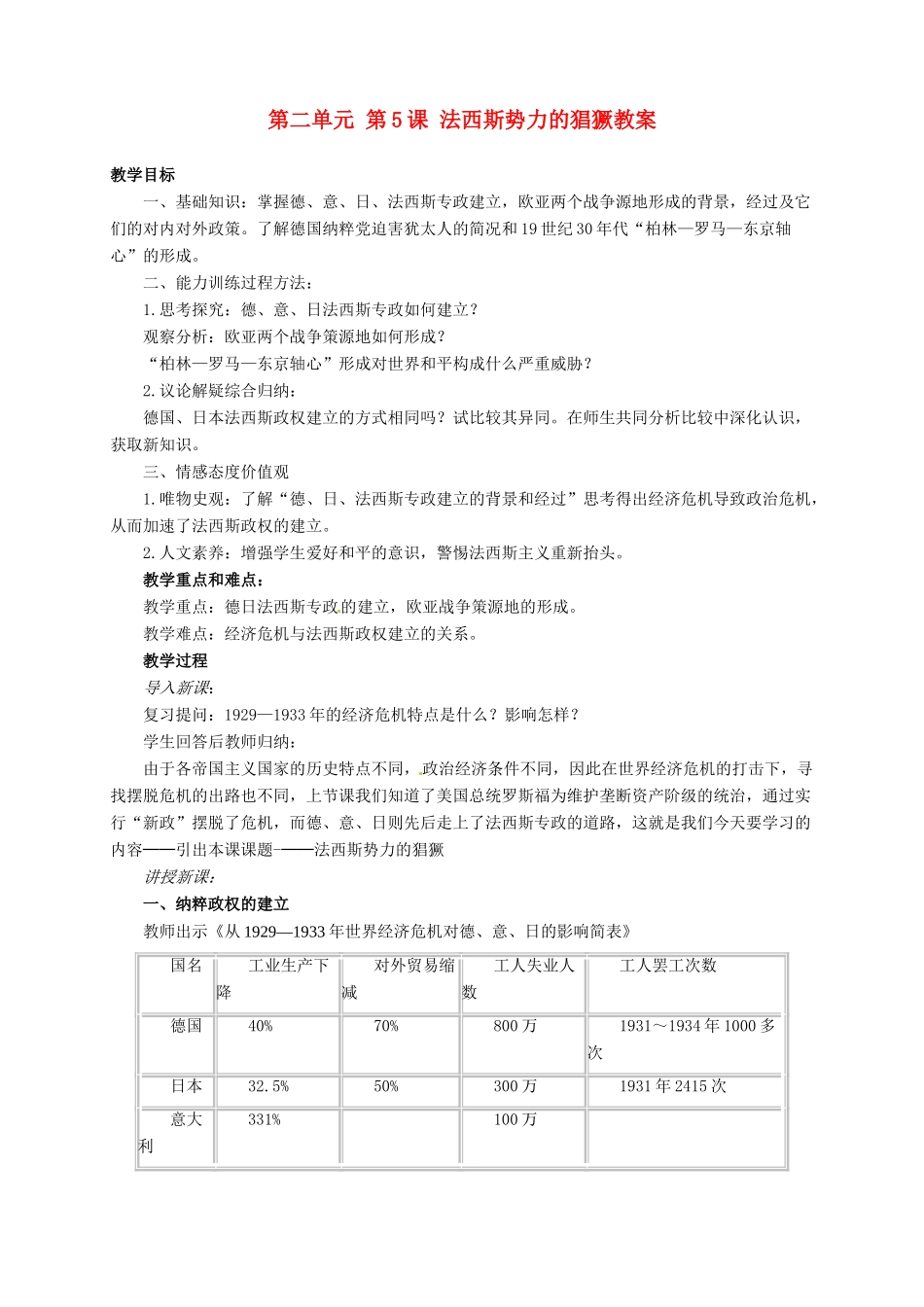 安徽省枞阳县钱桥初级中学九年级历史下册 第二单元 第5课 法西斯势力的猖獗教案 新人教版_第1页