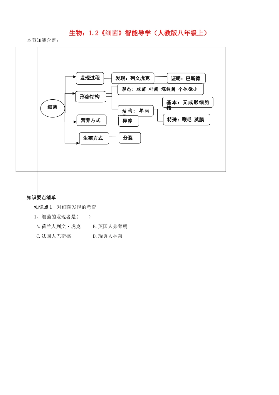 八年级生物上册 1.2《细菌》智能导学 新人教版_第1页