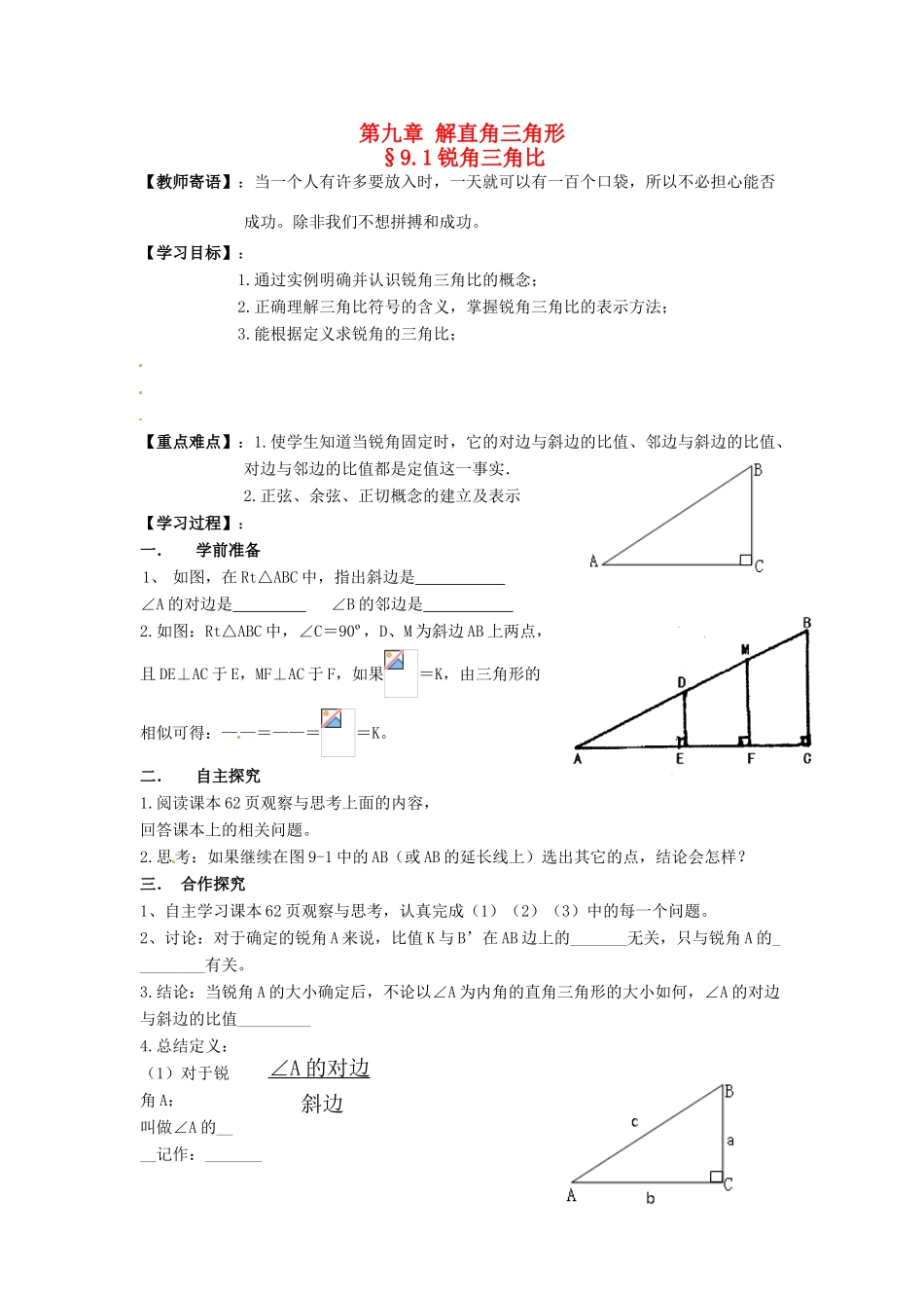 八年级数学下册 第九章 解直角三角形教学案（无答案） 青岛版_第1页