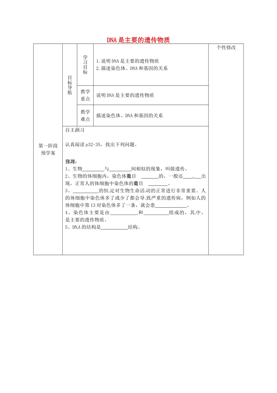 甘肃省白银市靖远县北滩中学八年级生物下册《22.1 DNA是主要的遗传物质》导学案（无答案） （新版）苏教版_第1页