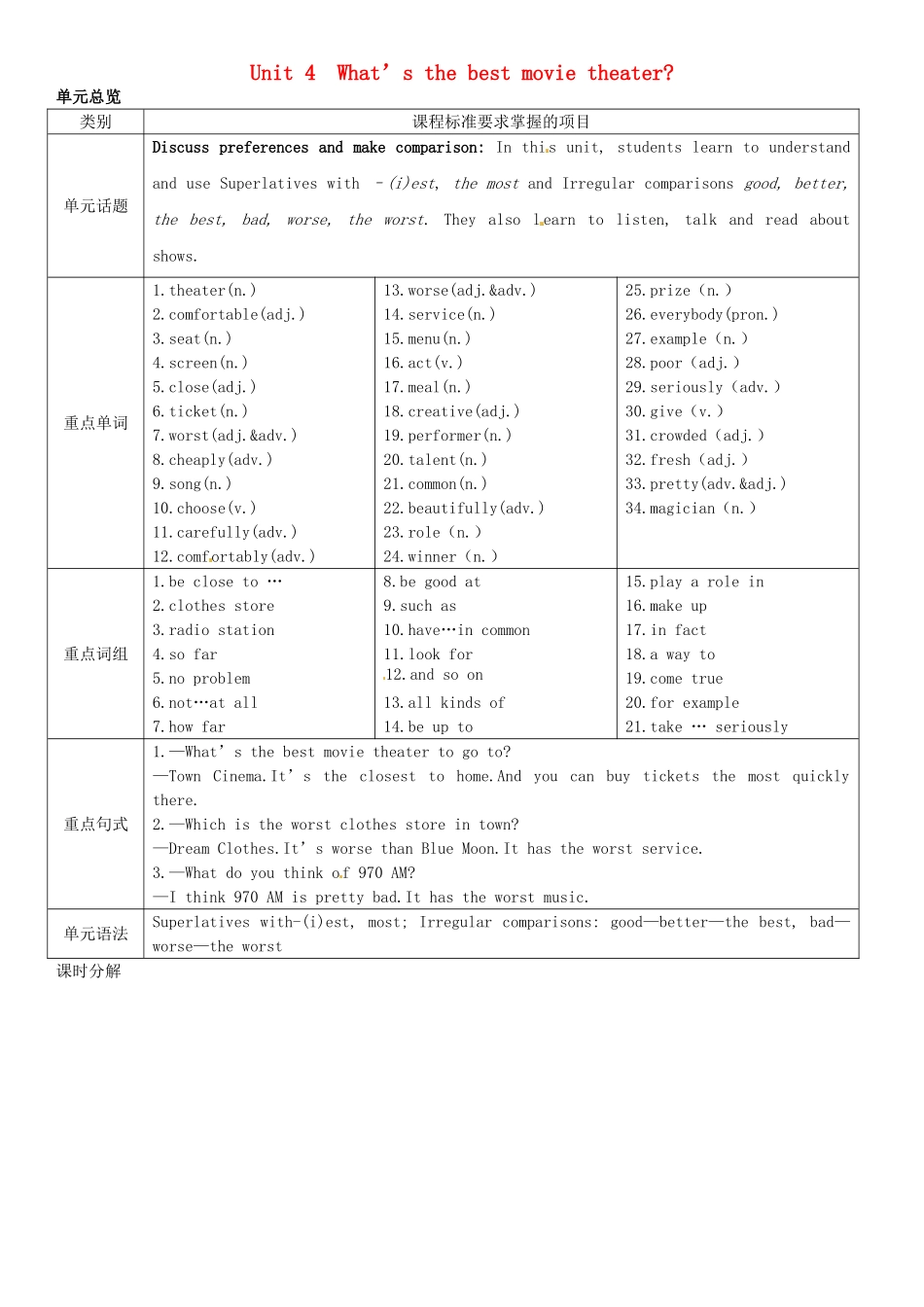 八年级英语上册 Unit 4 What’s the best movie theater（第1课时）导学案 （新版）人教新目标版-（新版）人教新目标版初中八年级上册英语学案_第1页