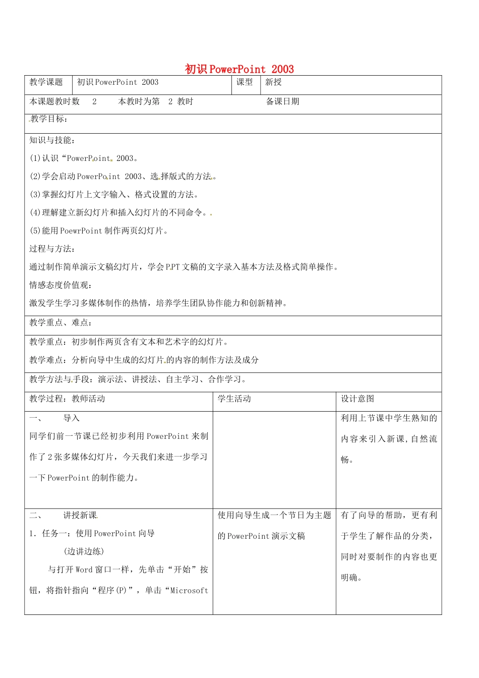 八年级信息技术上册 6 初识PPT2003教案2 苏教版-苏教版初中八年级上册信息技术教案_第1页