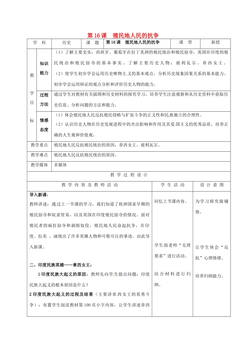 江苏省如皋市白蒲镇九年级历史上册 第五单元 殖民扩张与殖民地人民的抗争 第16课 殖民地人民的抗争教案 新人教版-新人教版初中九年级上册历史教案_第1页