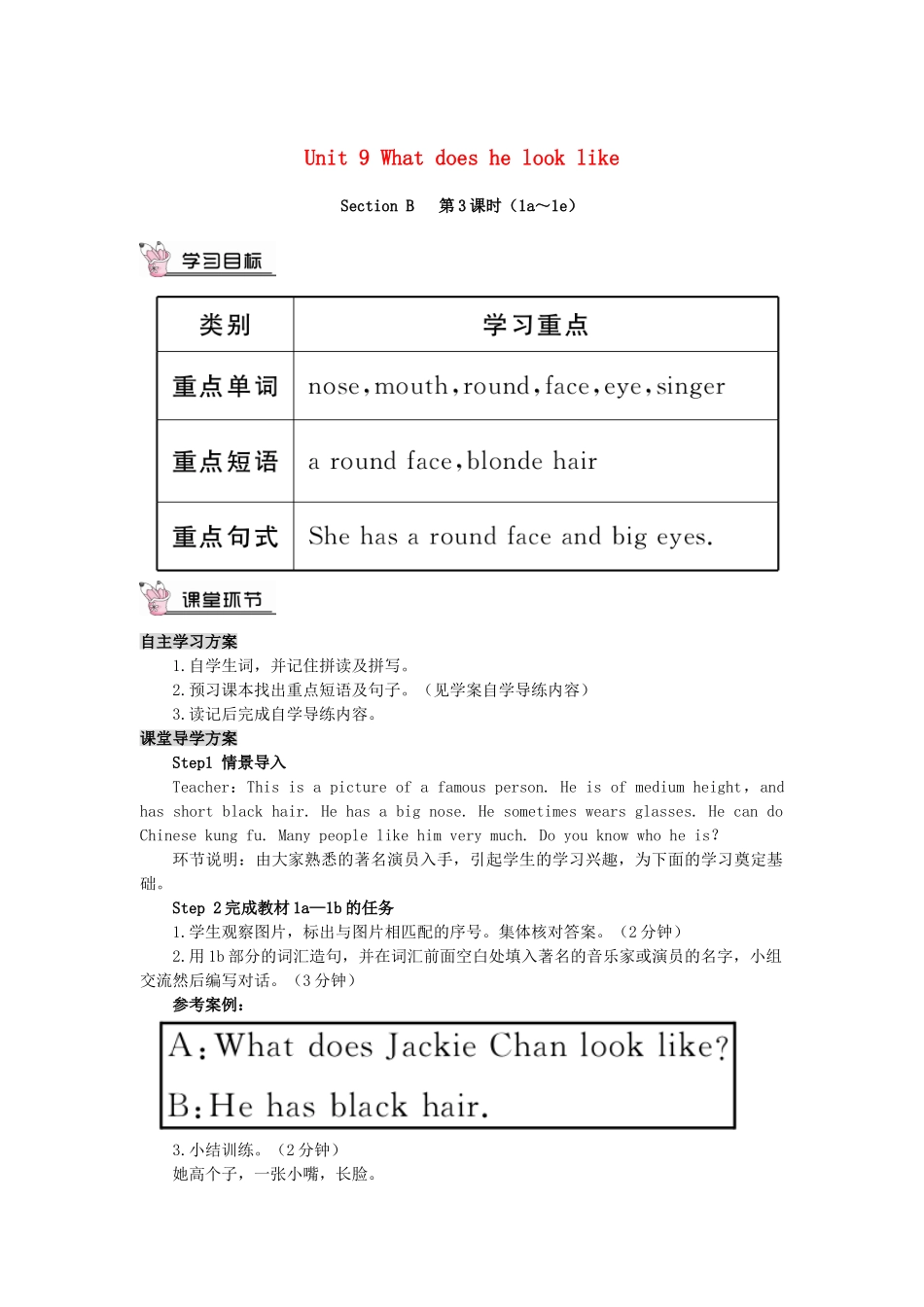 春七年级英语下册 Unit 9 What does he look like Section B（第3课时）导学案 （新版）人教新目标版-（新版）人教新目标版初中七年级下册英语学案_第1页