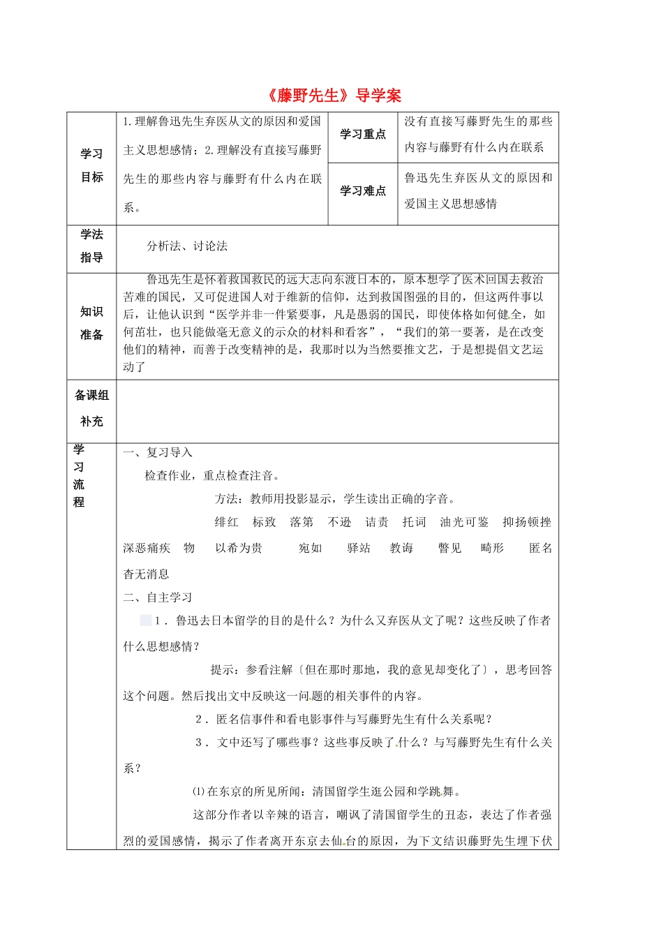甘肃省定西市八年级语文下册 第一单元 1 藤野先生导学案2 （新版）新人教版-（新版）新人教版初中八年级下册语文学案_第1页