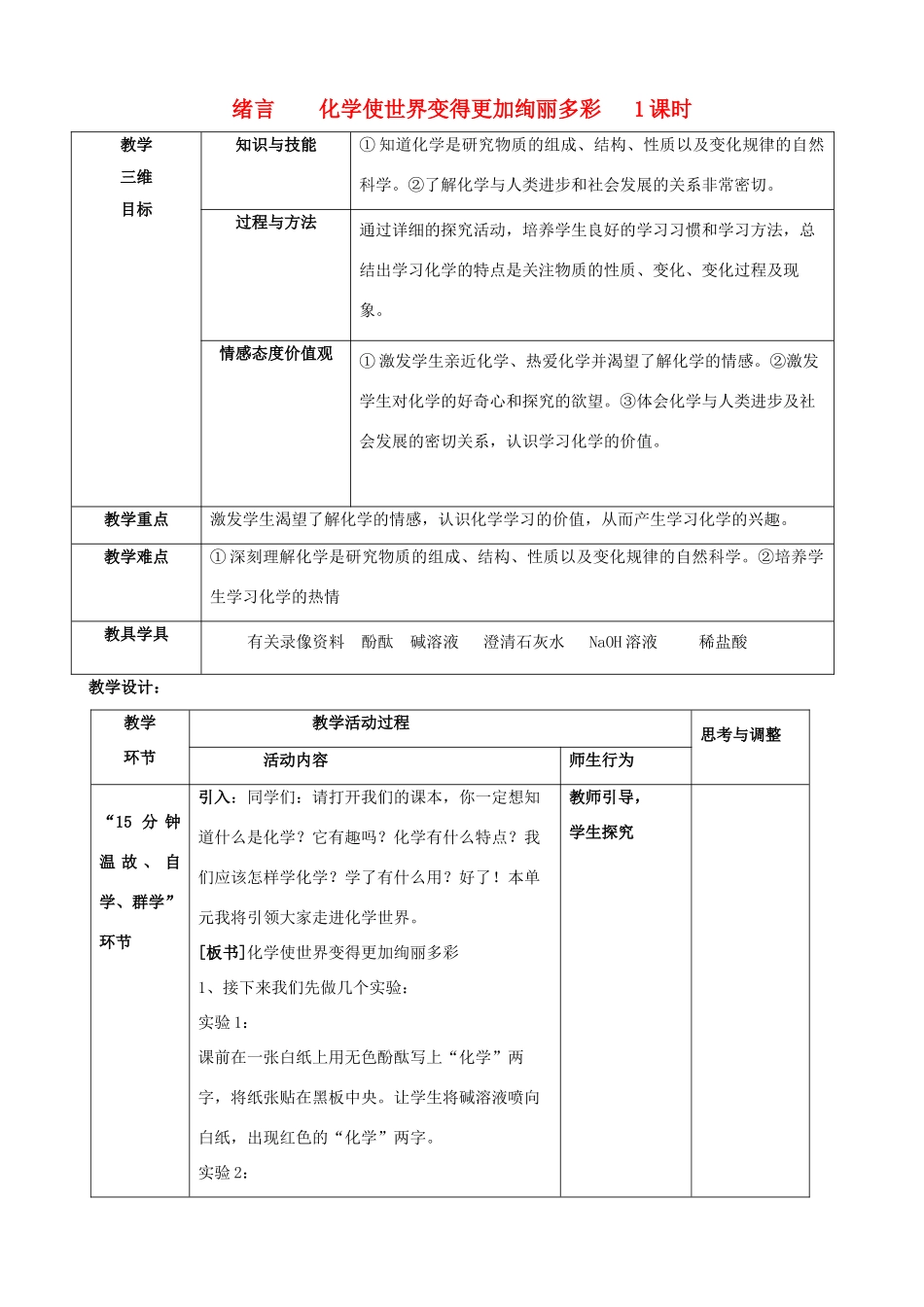 江苏省启东市初中化学 绪言 化学使世界变得更加绚丽多彩教案_第1页