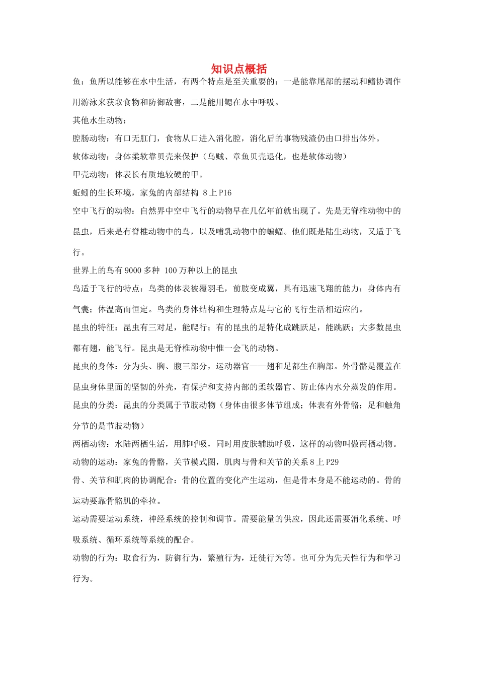 八年级生物上册 知识点概括学案 人教新课标版_第1页