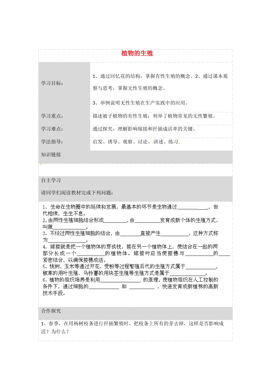 湖北省荆州市沙市第五中学八年级生物下册 第七单元 第一章 第一节 植物的生殖导学案 新人教版_第1页