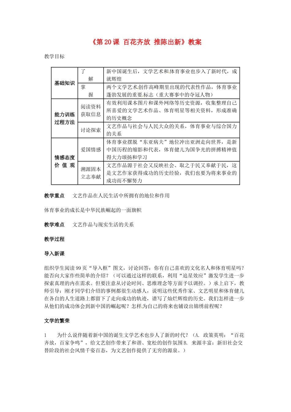 安徽省滁州二中八年级历史下册《第20课 百花齐放 推陈出新》教案 新人教版_第1页