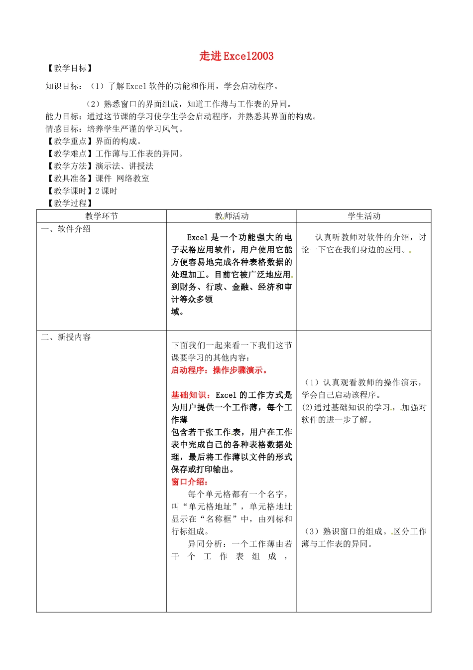 河北省秦皇岛市抚宁县驻操营学区初中信息技术 走进Excel2003教学设计 新人教版_第1页