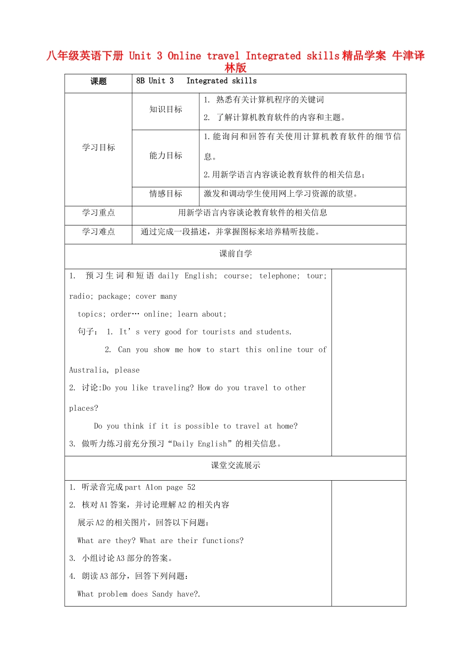 八年级英语下册 Unit 3 Online travel Integrated skills精品学案 牛津译林版_第1页