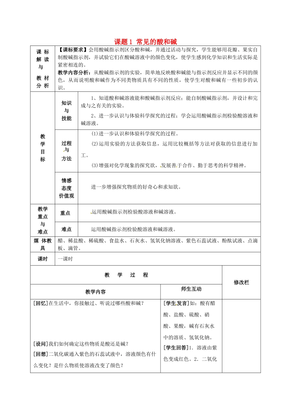 甘肃省武威第十一中学九年级化学下册《第十单元 课题1 常见的酸和碱（第1课时）》教案 （新版）新人教版_第1页