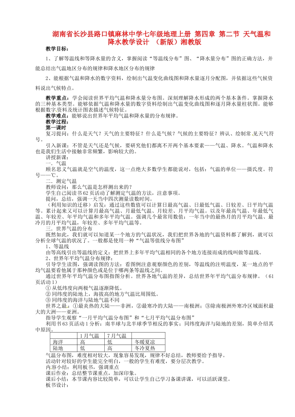 湖南省长沙县路口镇麻林中学七年级地理上册 第四章 第二节 天气温和降水教学设计 （新版）湘教版_第1页