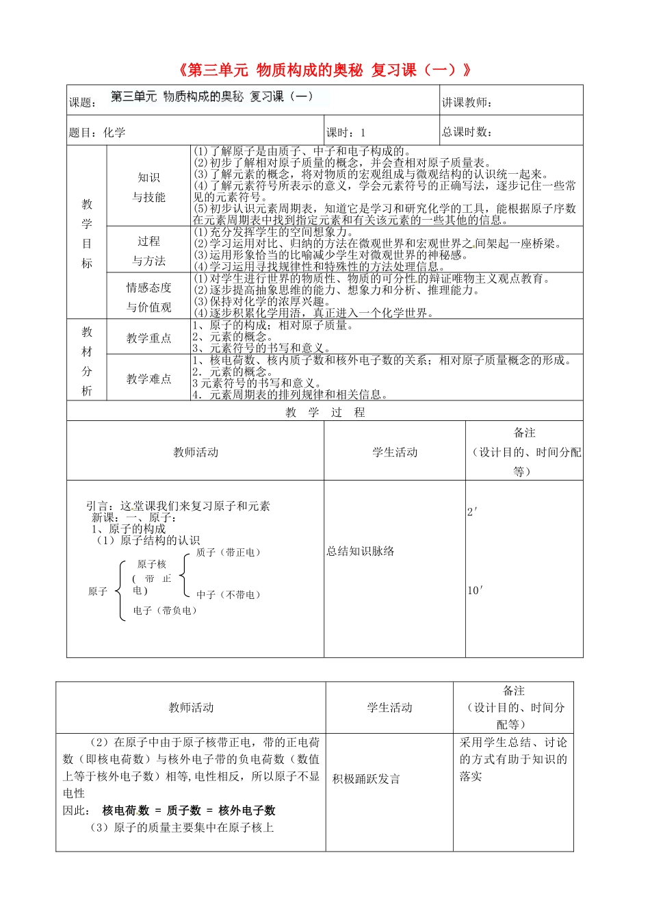 吉林省四平市第十七中学九年级化学上册《第三单元 物质构成的奥秘 复习课（一）》教案 （新版）新人教版_第1页