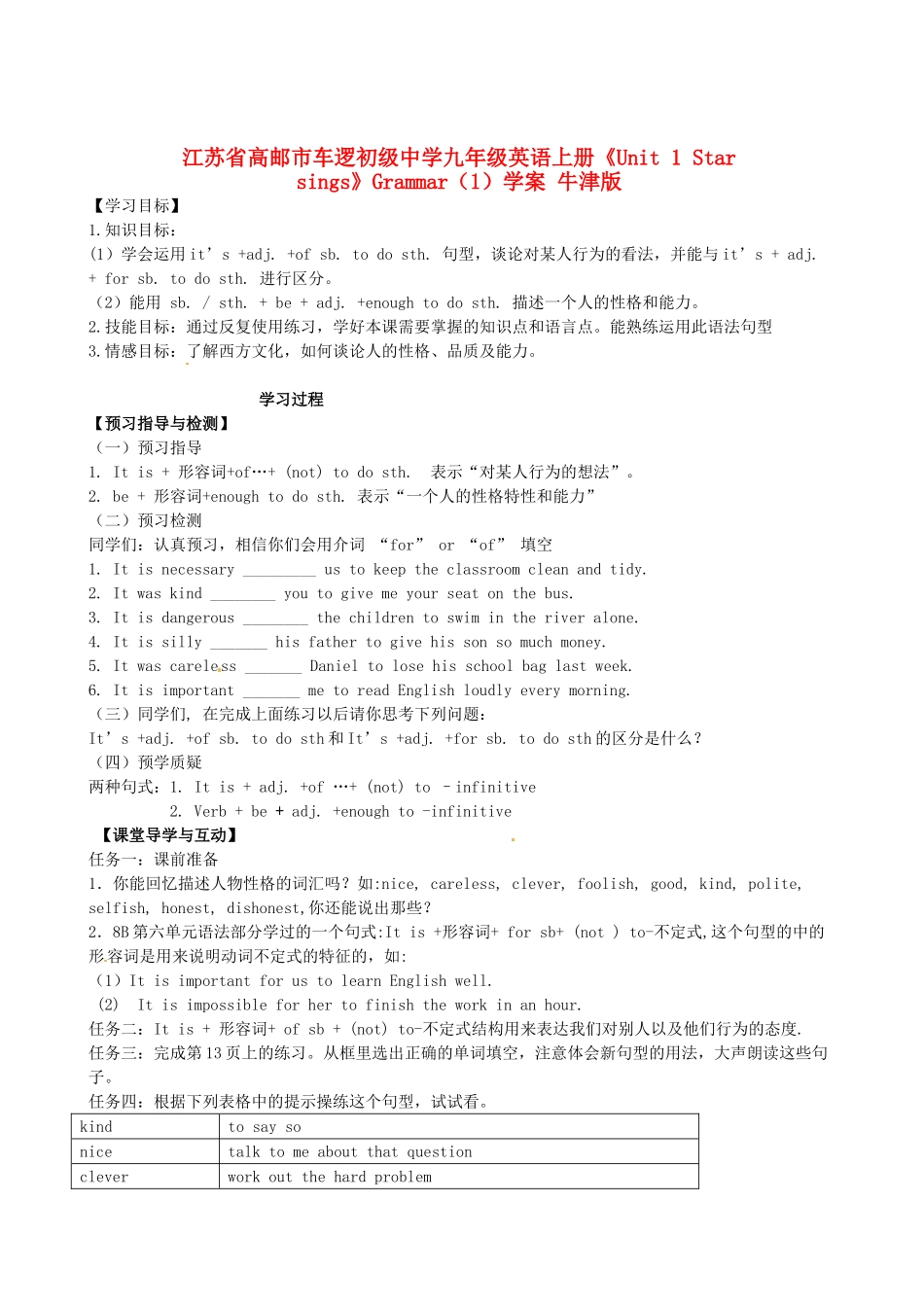 江苏省高邮市车逻初级中学九年级英语上册《Unit 1 Star sings》Grammar（1）学案 牛津版_第1页