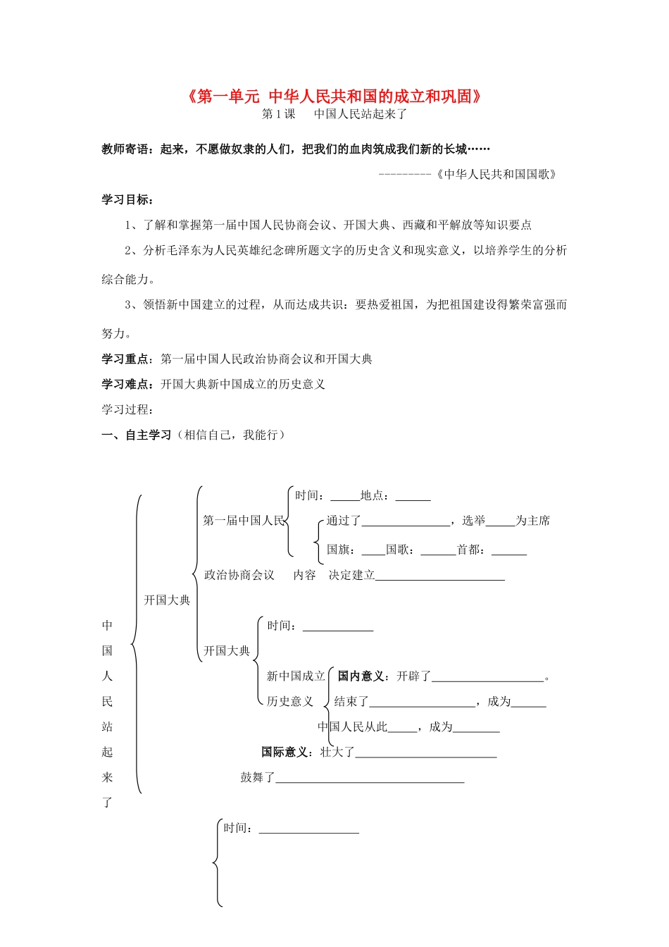 河北省承德市兴隆县小东区中学八年级历史下册《第一单元 中华人民共和国的成立和巩固》学案（无答案） 新人教版_第1页