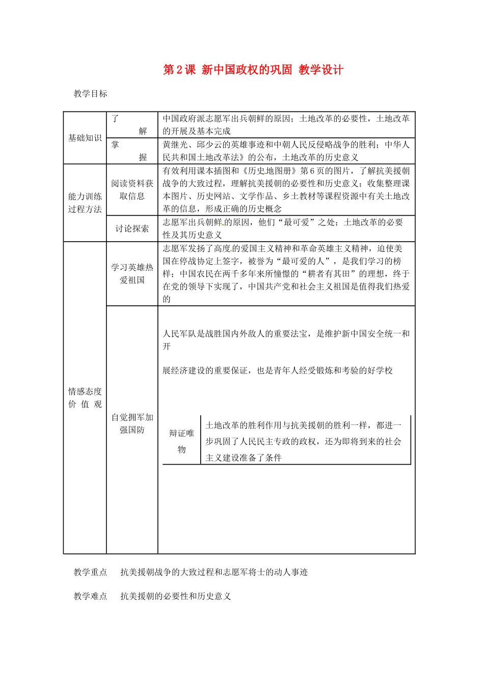 八年级历史下册 1.2《新中国政权的巩固》教案 川教版_第1页
