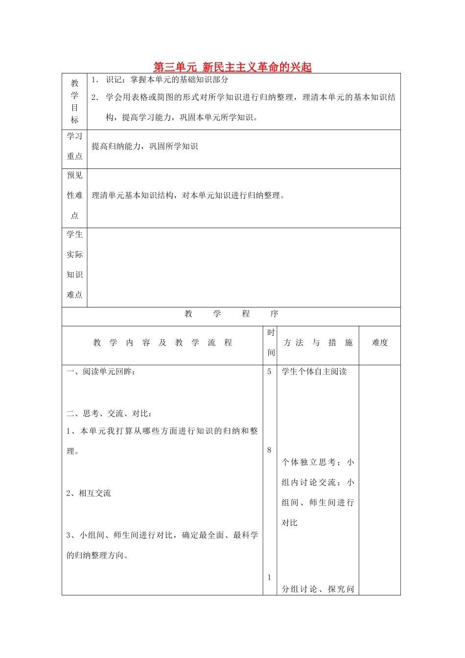 八年级历史上册《第三单元 新民主主义革命的兴起》复习教案 岳麓版-岳麓版初中八年级上册历史教案_第1页