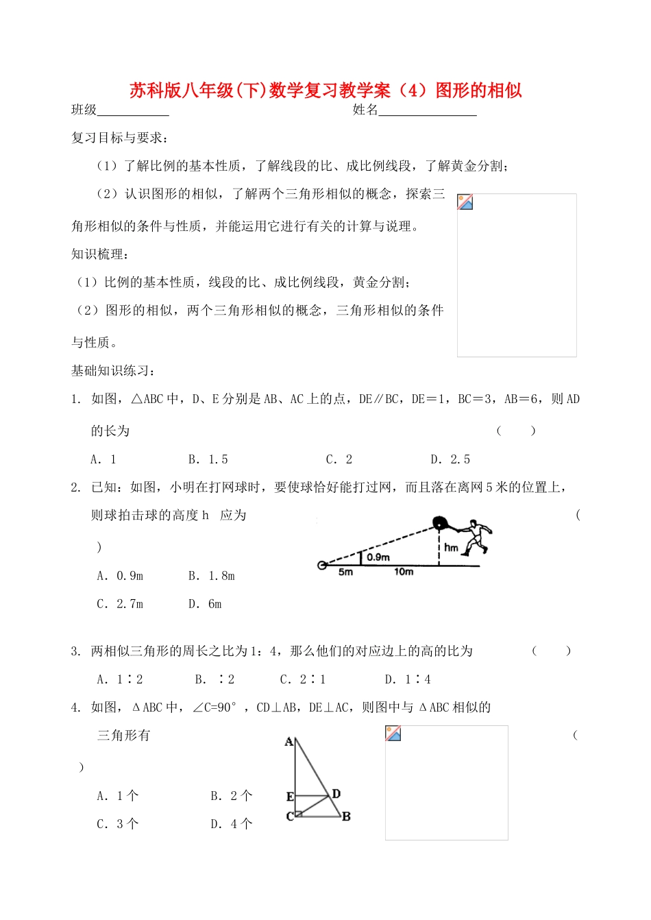 江苏省溧水县孔镇中学八年级数学下学期图形的相似复习教学案（无答案）_第1页