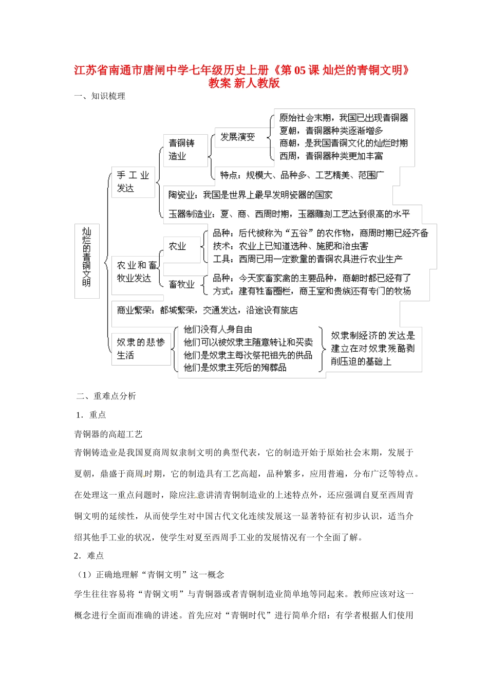 江苏省南通市唐闸中学七年级历史上册《第05课 灿烂的青铜文明》教案 新人教版_第1页
