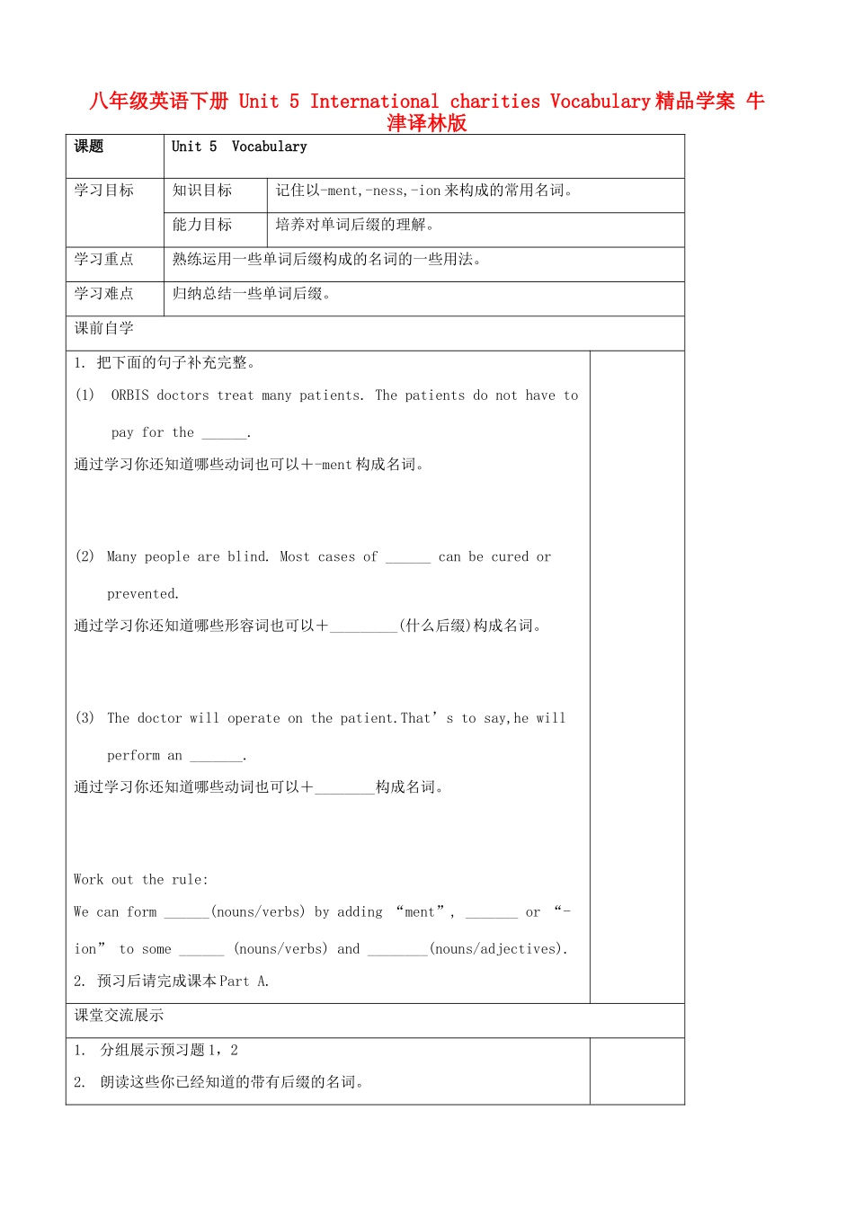 八年级英语下册 Unit 5 International charities Vocabulary精品学案 牛津译林版_第1页