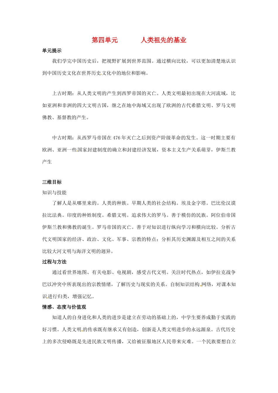 八年级历史下册 第四单元《人类祖先的基业》复习教案 北师大版_第1页