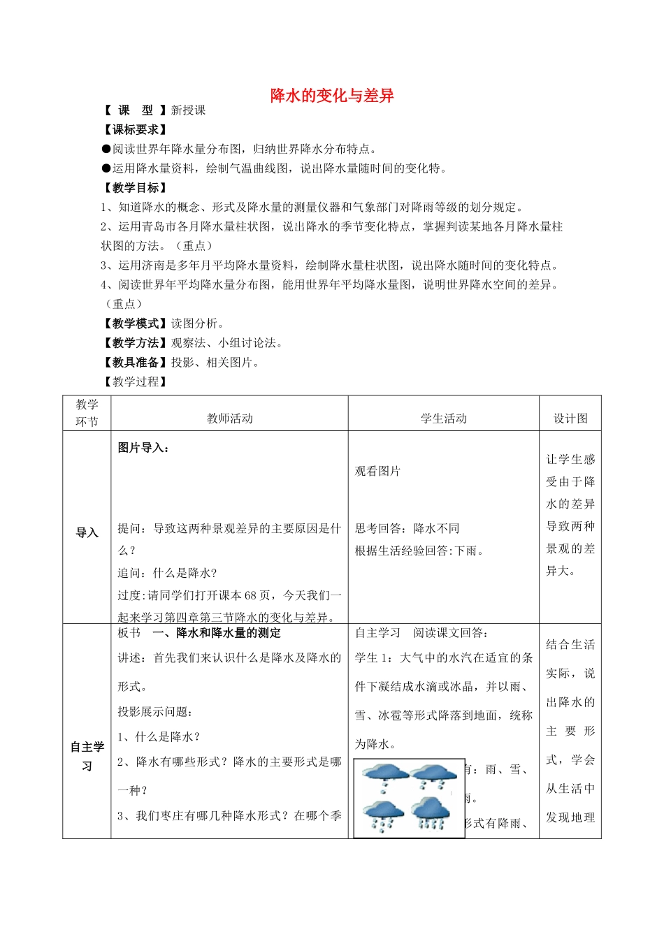 （水滴系列）七年级地理上册 4.3降水的变化与差异教案 （新版）商务星球版-（新版）商务星球版初中七年级上册地理教案_第1页