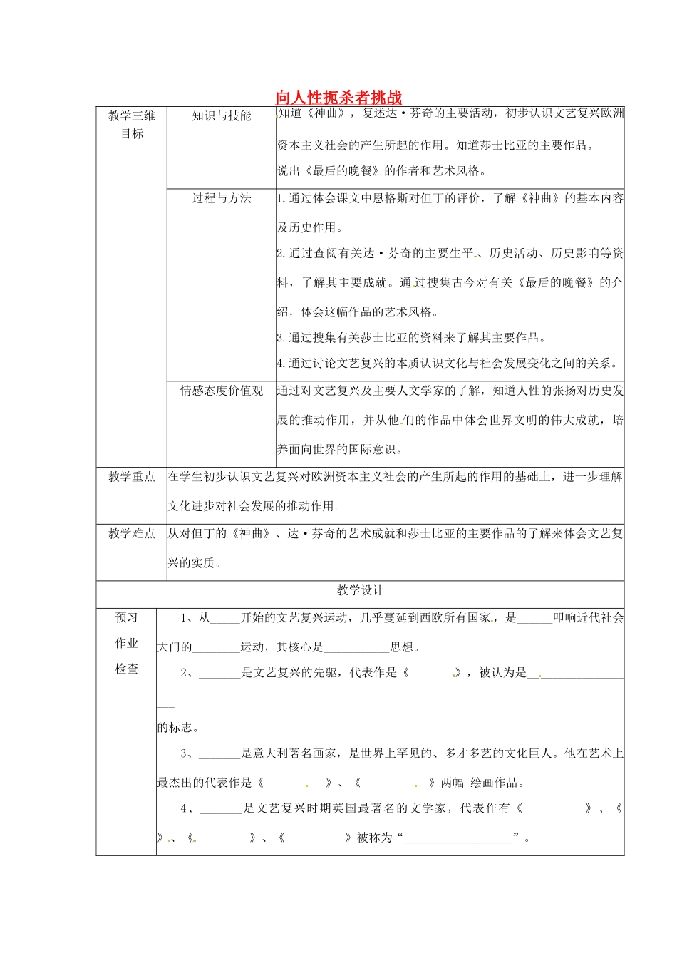 江苏省丹阳市第八中学九年级历史 向人性扼杀者挑战教案 新人教版_第1页