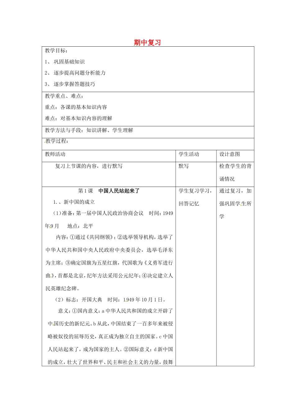 江苏省昆山市锦溪中学八年级历史下册 期中复习教案1 新人教版_第1页