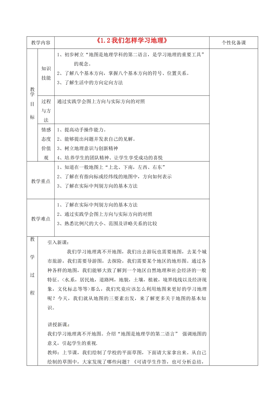 湖南省茶陵县世纪星实验学校七年级地理上册《1.2我们怎样学习地理》教案2 湘教版_第1页