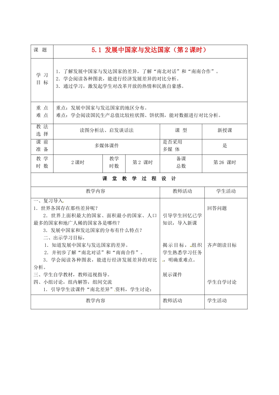 甘肃省酒泉市瓜州县第二中学七年级地理上册 5.1 发展中国家与发达国家（第2课时）教学案 湘教版_第1页