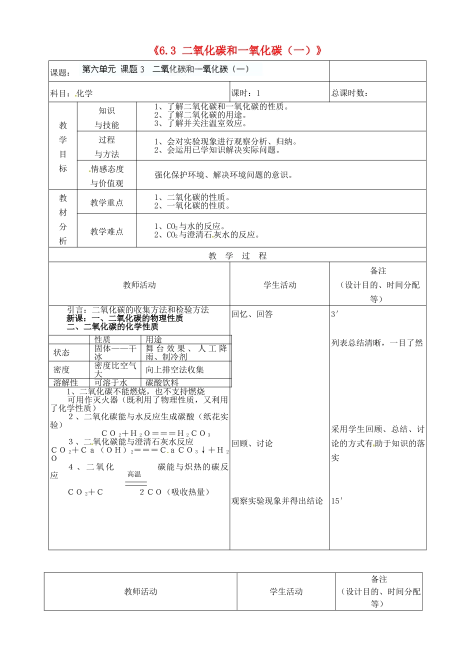 吉林省四平市第十七中学九年级化学上册《6.3 二氧化碳和一氧化碳（一）》教案 （新版）新人教版_第1页